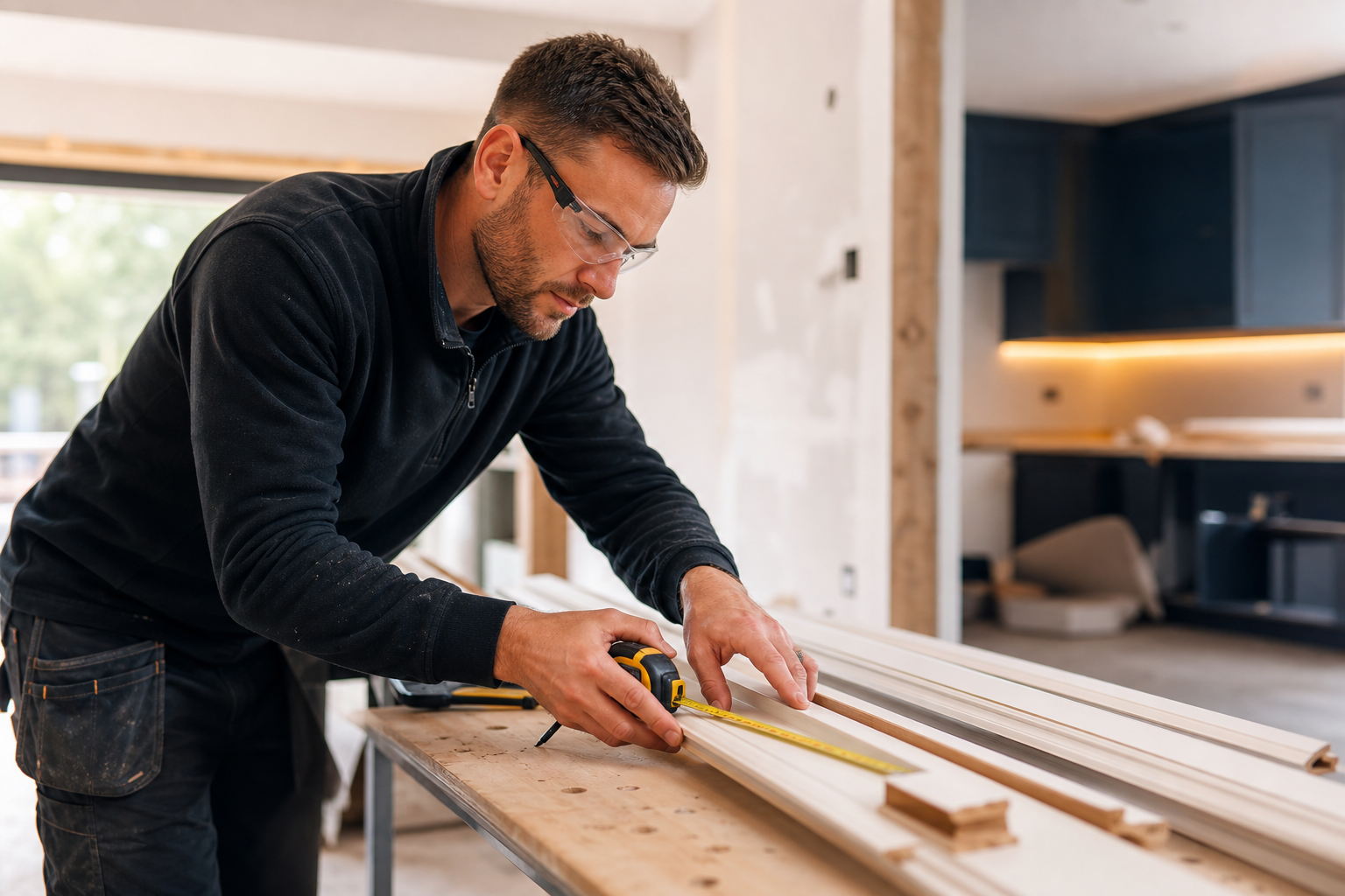 Tradesperson preparing timber trim in a renovation space