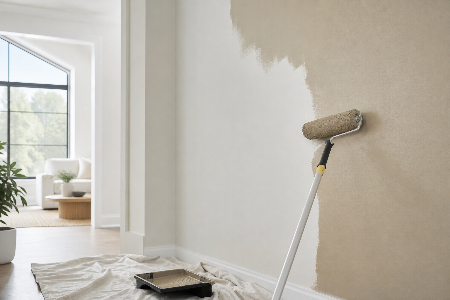 Interior painting with a roller in a bright modern home