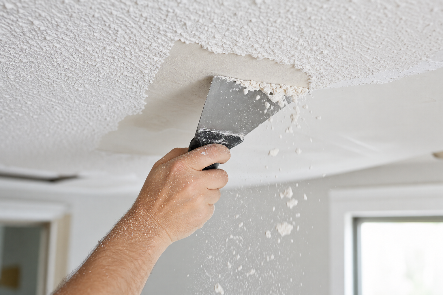 Popcorn ceiling removal with a scraper removing textured ceiling material